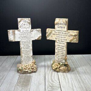 Vintage Statue Crosses The Lord's Prayer and Amazing Grace Figurine - Set Of 2